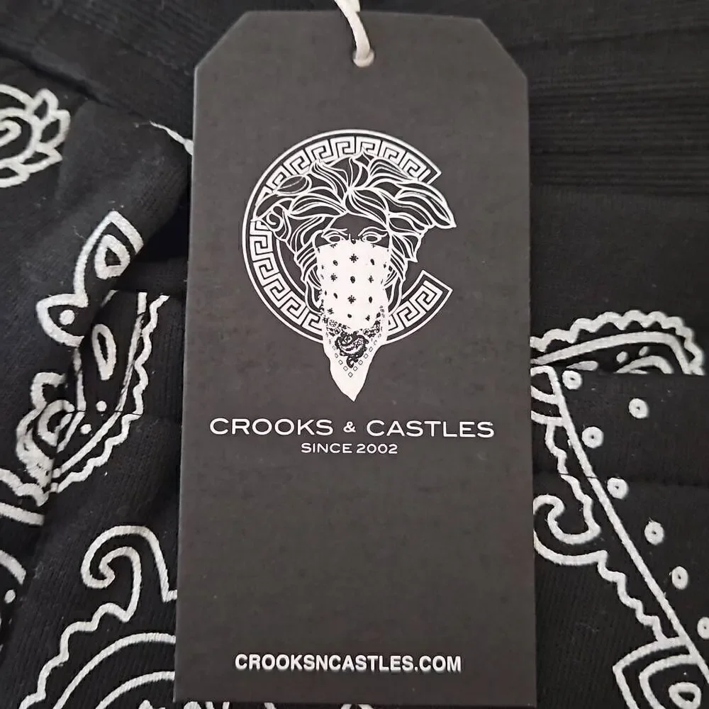 Crooks and Castles Men's Paisley Fleece Shorts Black White Medium